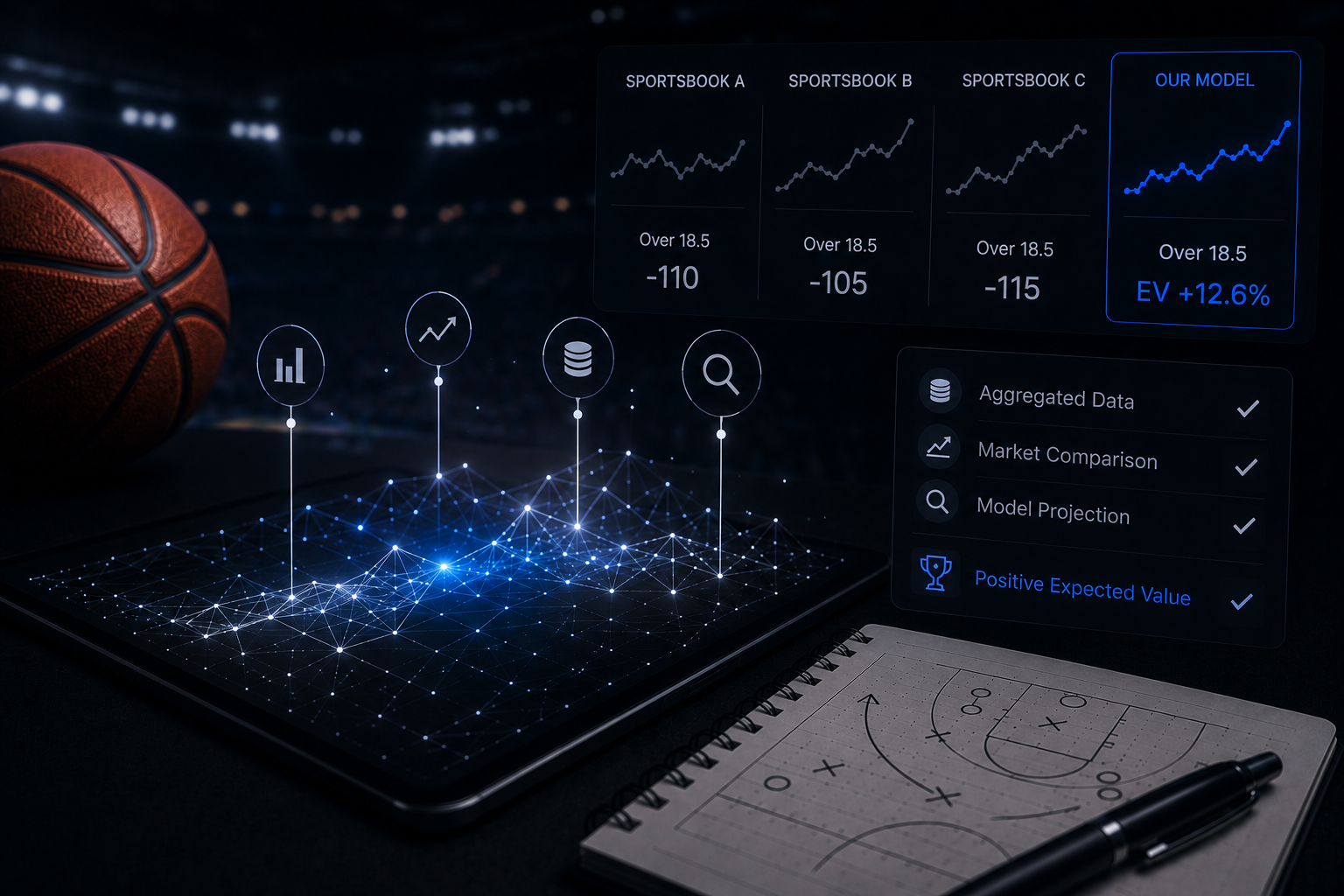 abstract photo displaying data, a playbook, and a basketball